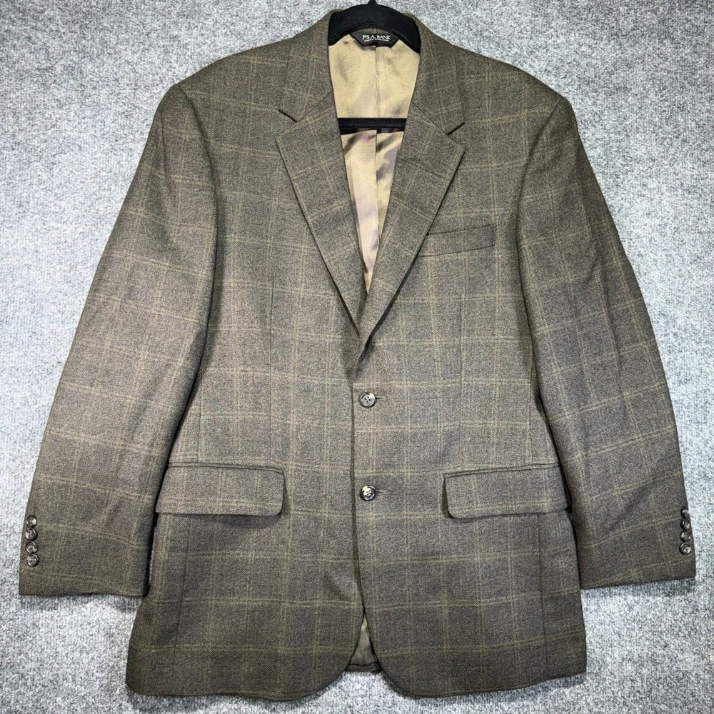 Jos. A. Bank Windowpane Blazer Sport Coat Men 40R Olive Brown 100% Wool 2-Button